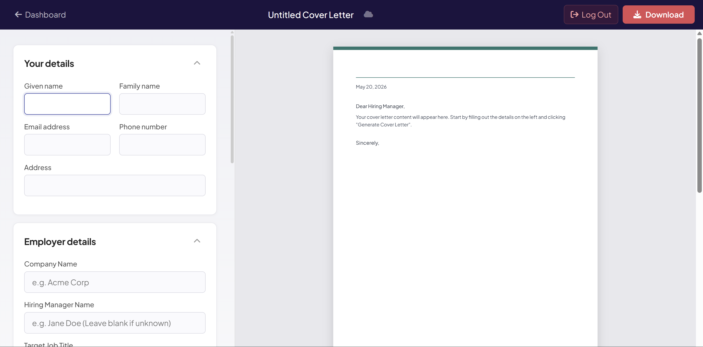 JobLynk cover letter builder screen