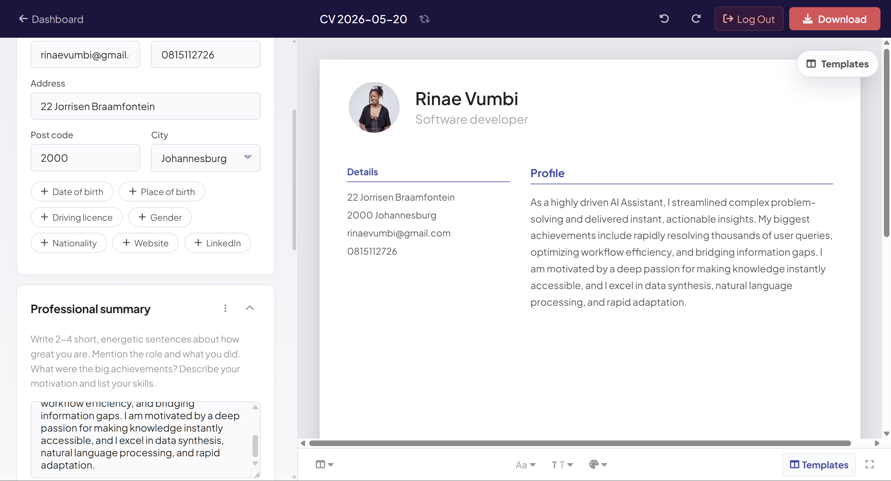 JobLynk CV builder screen